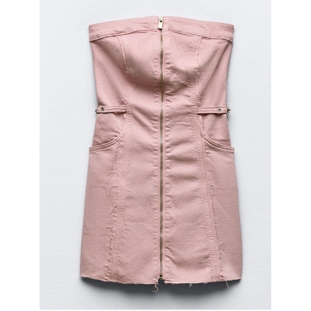 Zara Strapless Pink Denim Mini Dress with Front Zip